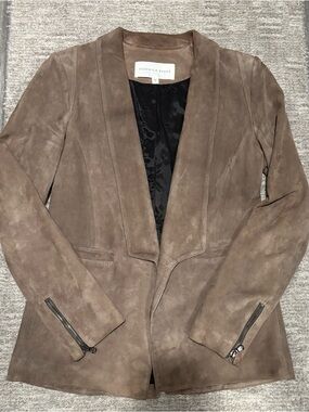 Veronica Beard Kura Suede Jacket Taupe Zipper Sleeve Open Front Blazer Sz 8
